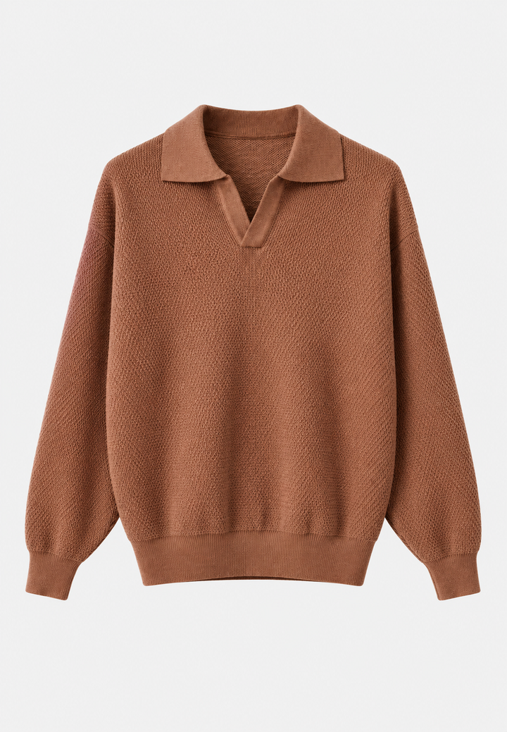 Polo homme en maille texturée, col ouvert, manches longues - Kael