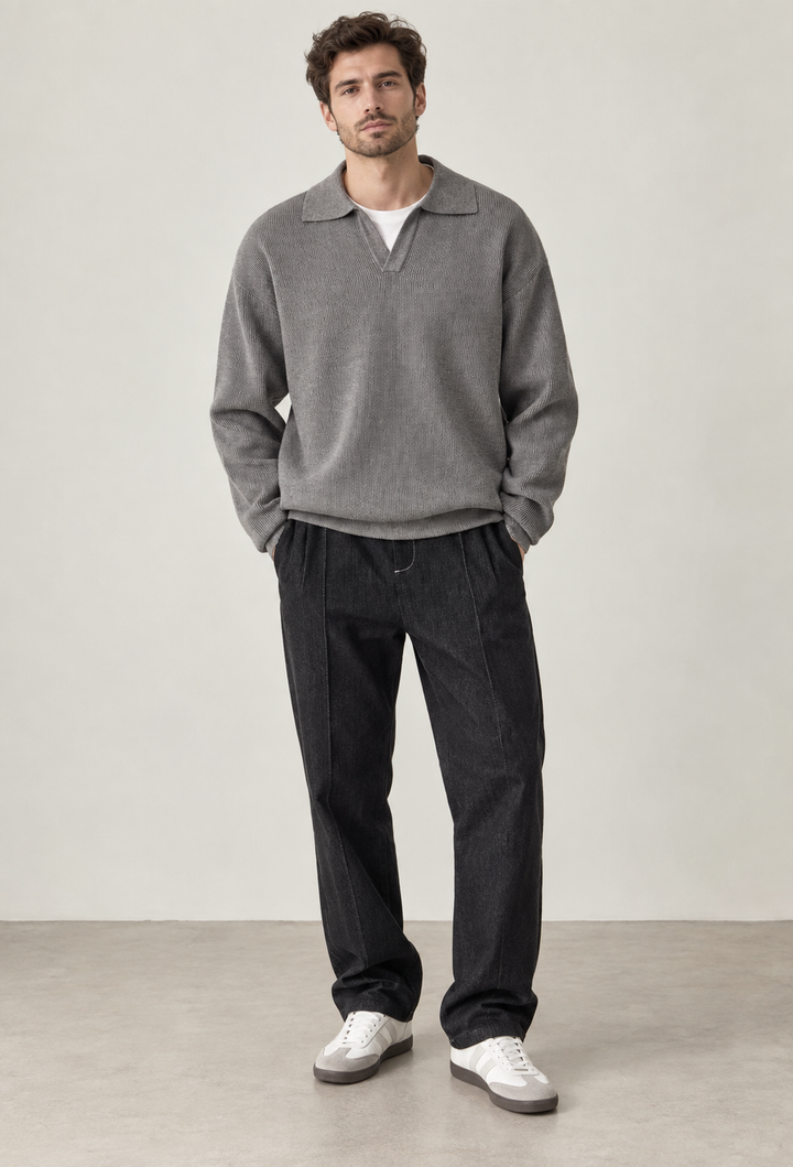 Polo homme en maille texturée, col ouvert, manches longues - Kael