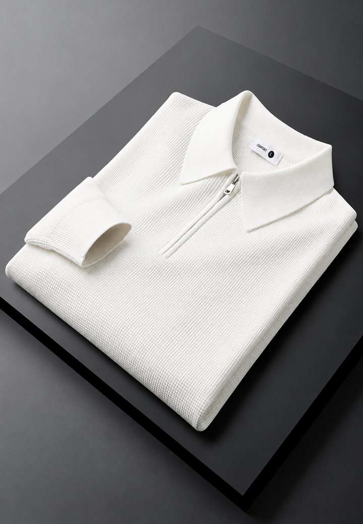 Polo homme en maille texturée, demi-fermeture éclair, manches longues - Lior