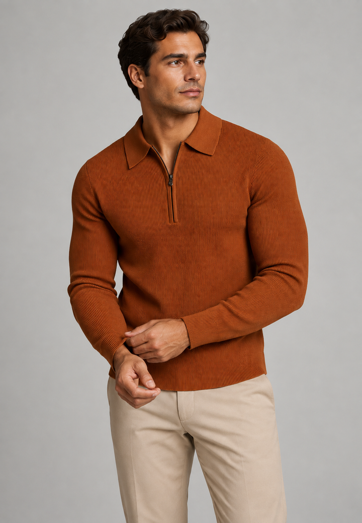 Polo homme en maille texturée, demi-fermeture éclair, manches longues - Lior