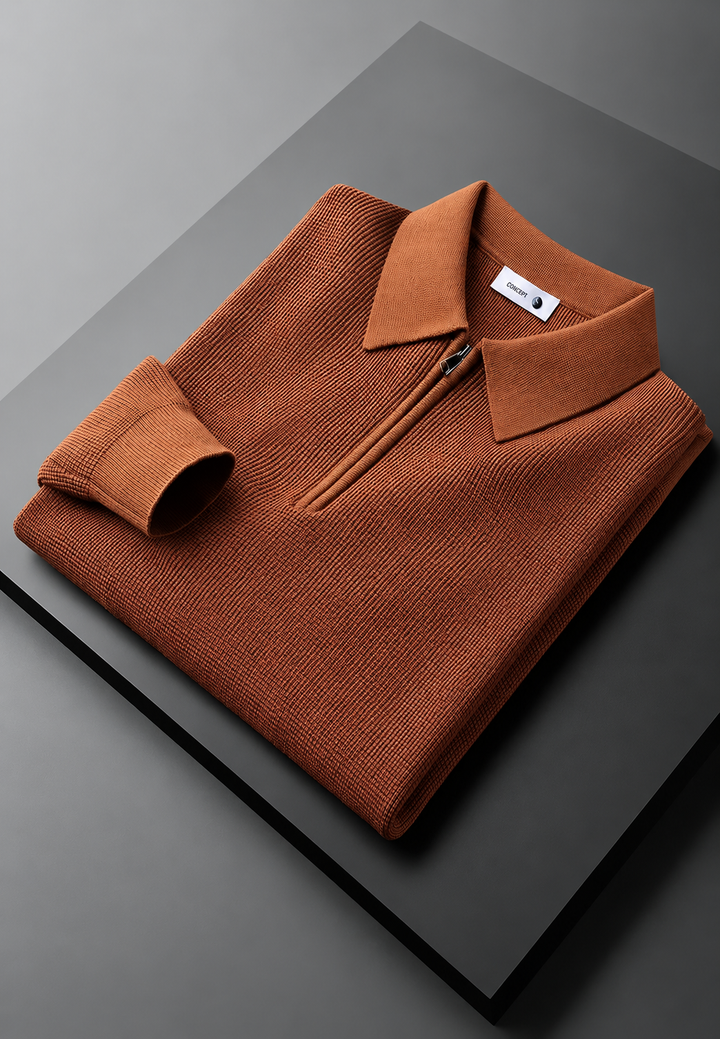 Polo homme en maille texturée, demi-fermeture éclair, manches longues - Lior