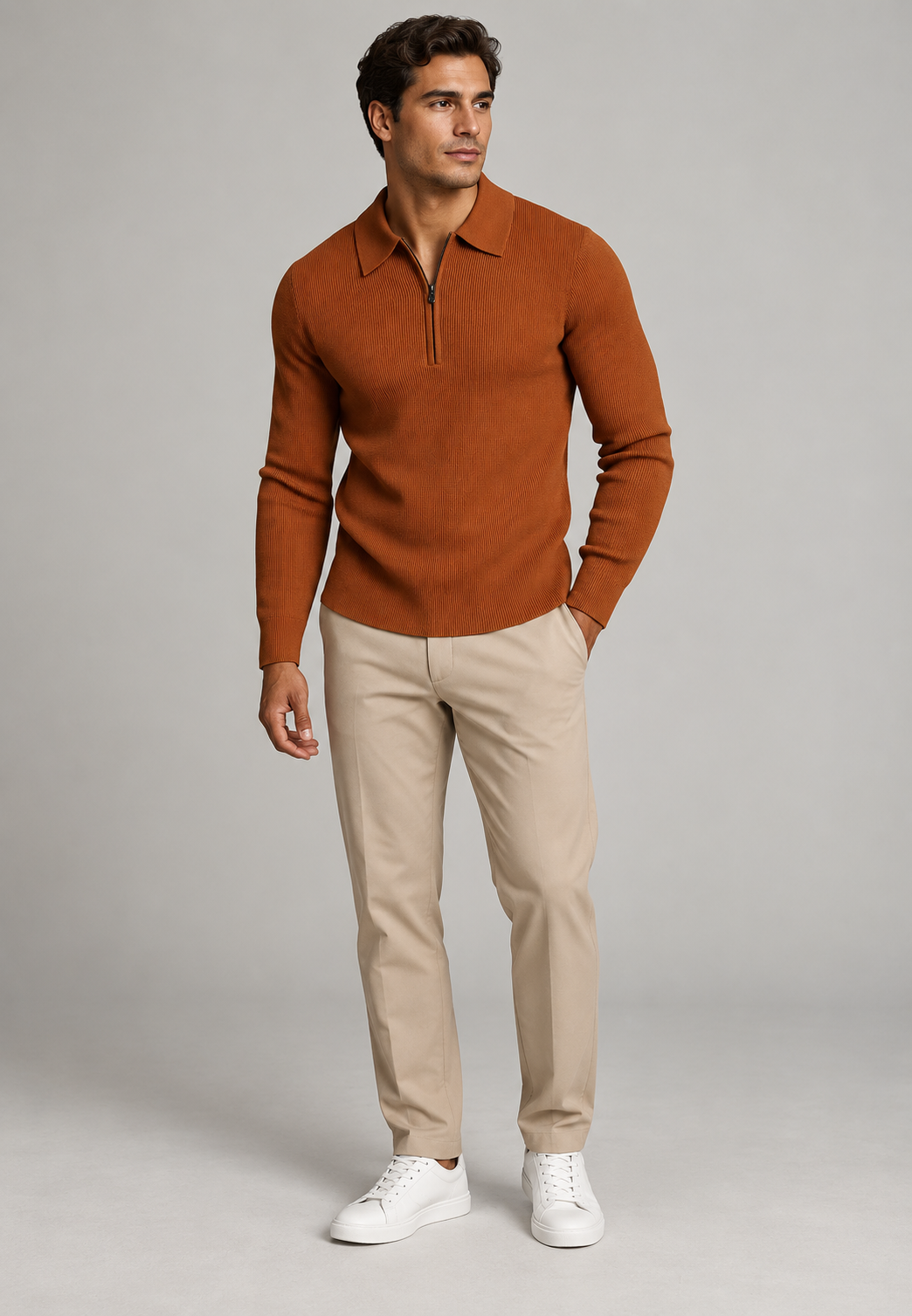 Polo homme en maille texturée, demi-fermeture éclair, manches longues - Lior
