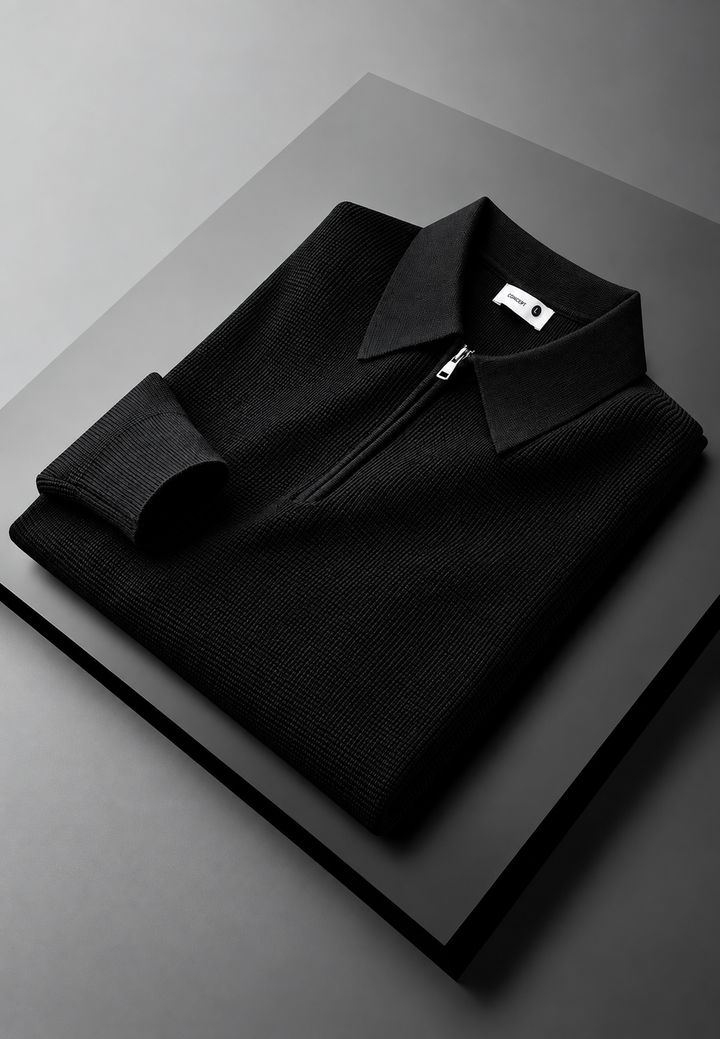 Polo homme en maille texturée, demi-fermeture éclair, manches longues - Lior