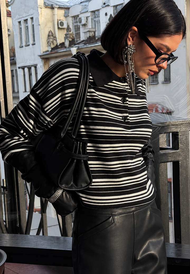 Polo femme en maille à rayures horizontales col chemise manches longues - Adelma