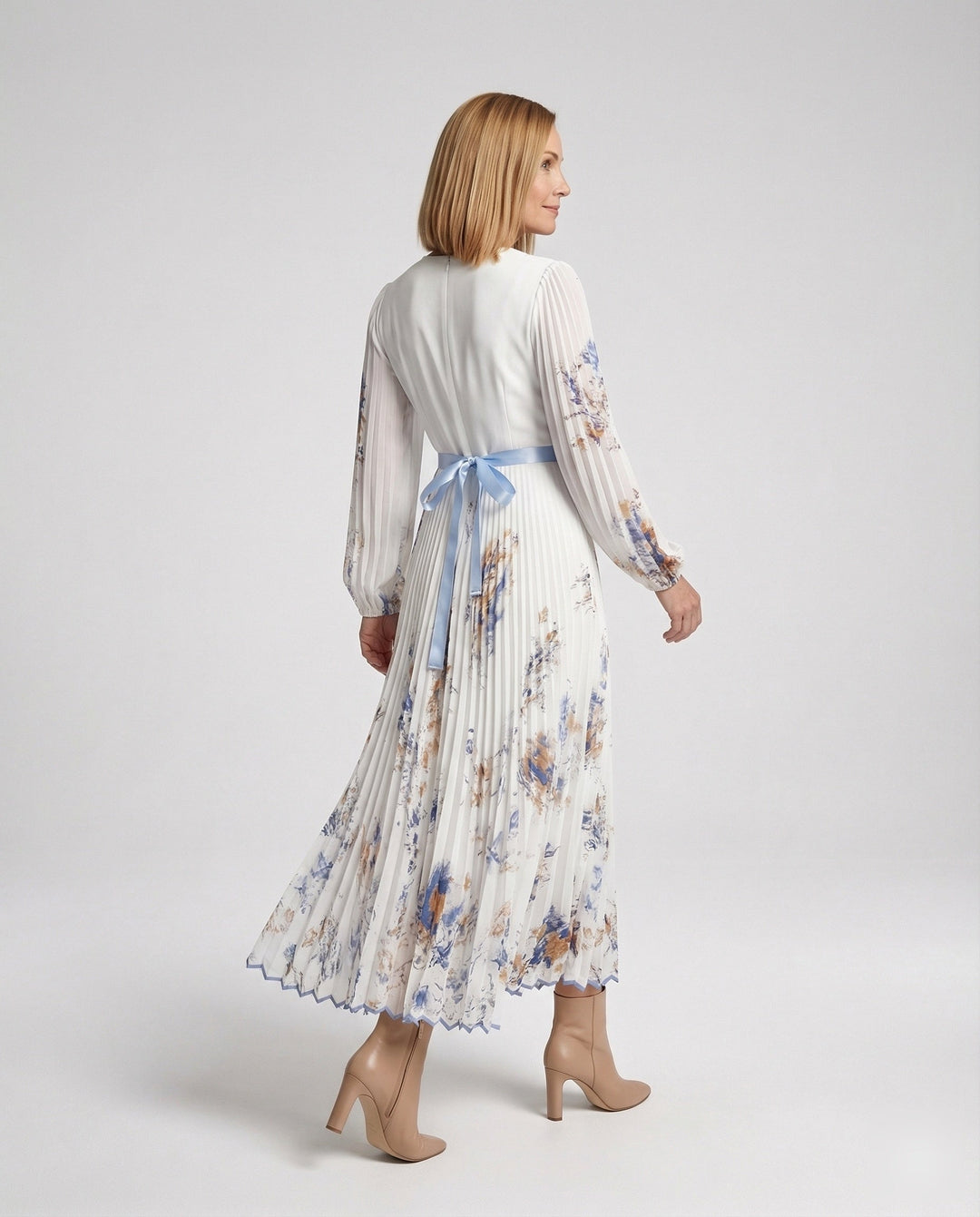 Robe longue plissée à manches longues et encolure croisée pour femmes - Alwine