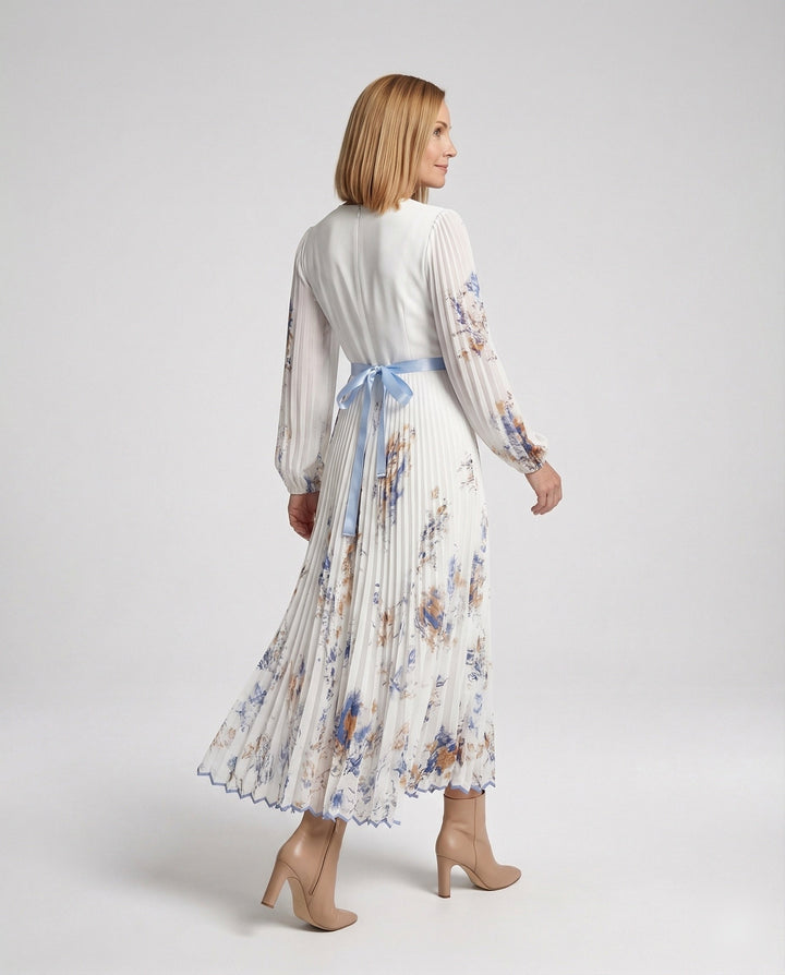 Robe longue plissée à manches longues et encolure croisée pour femmes - Alwine