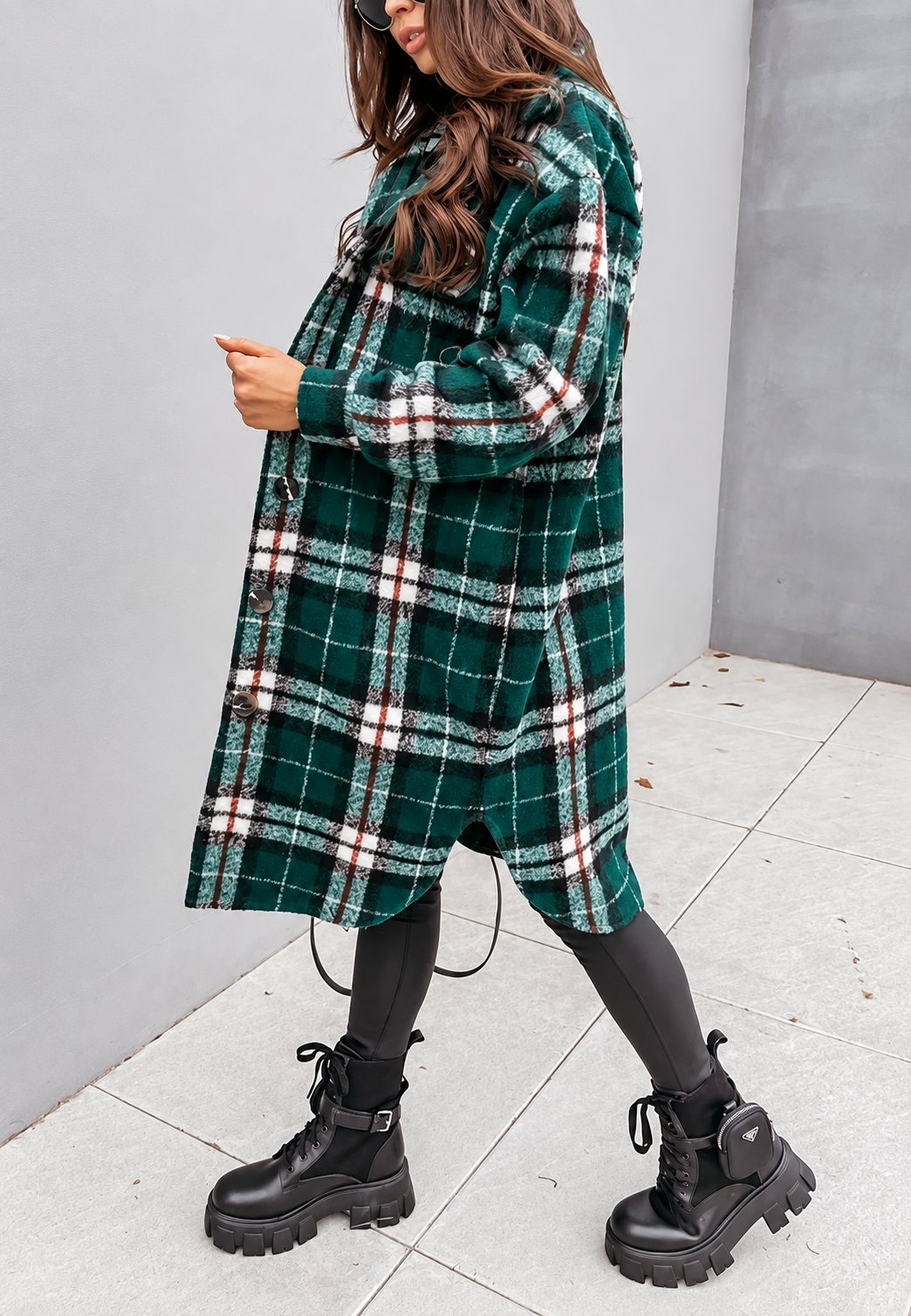 Veste longue à carreaux avec boutons - Coralie
