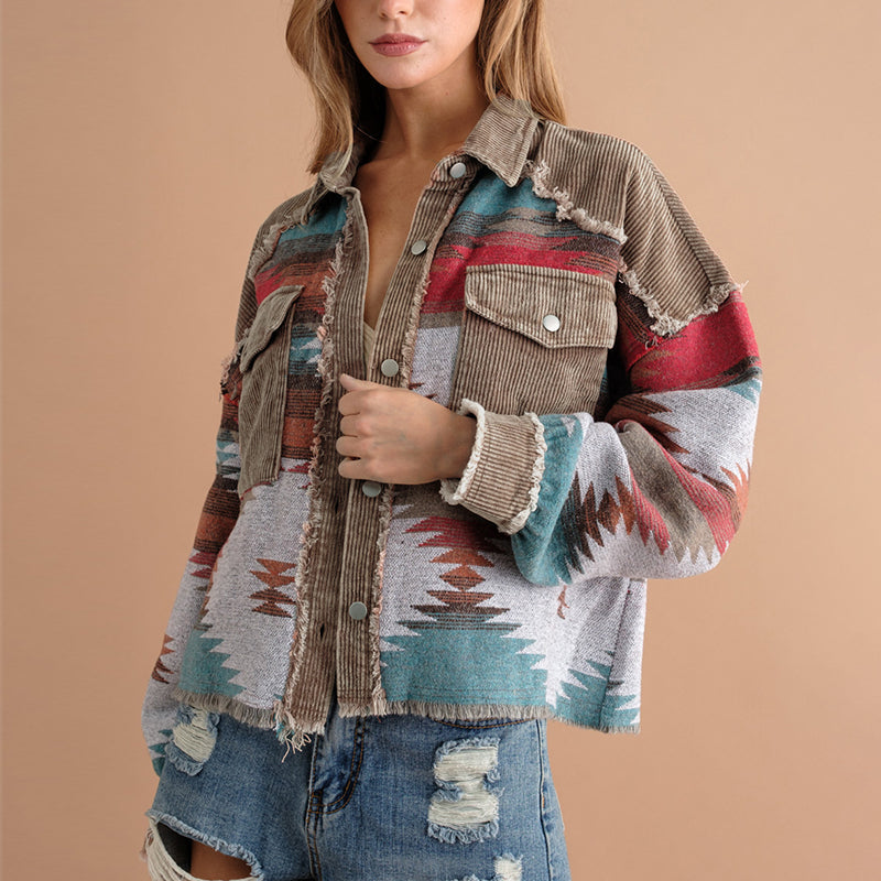 Chemise-veste pour femme en velours côtelé jacquard avec poches - Océane