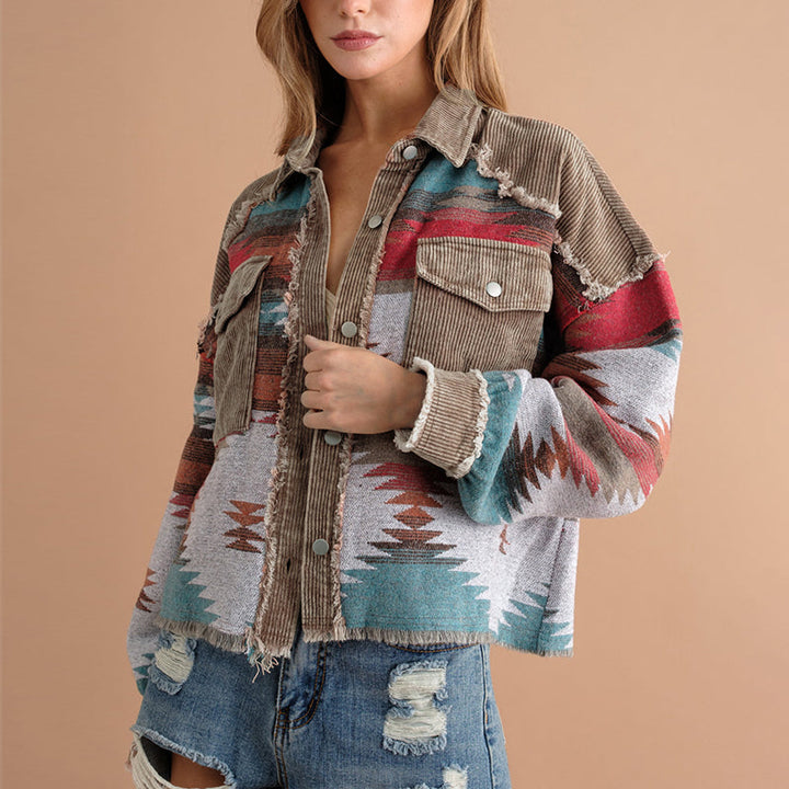 Chemise-veste pour femme en velours côtelé jacquard avec poches - Océane