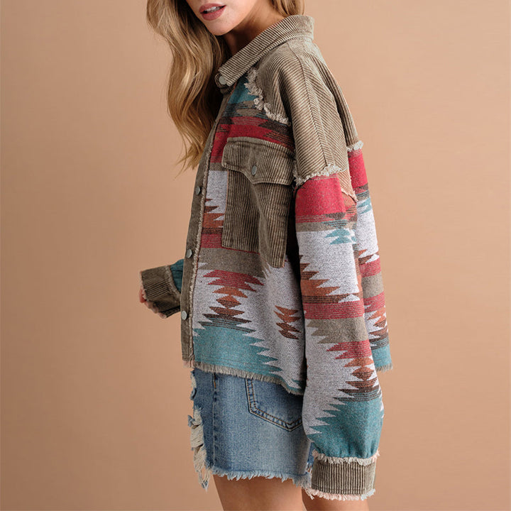 Chemise-veste pour femme en velours côtelé jacquard avec poches - Océane