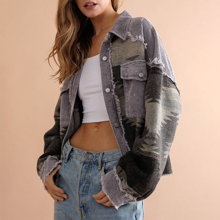 Chemise-veste pour femme en velours côtelé jacquard avec poches - Océane