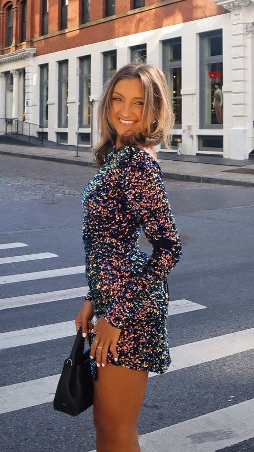 Mini-robe à paillettes à manches longues pour femme - Evelyn