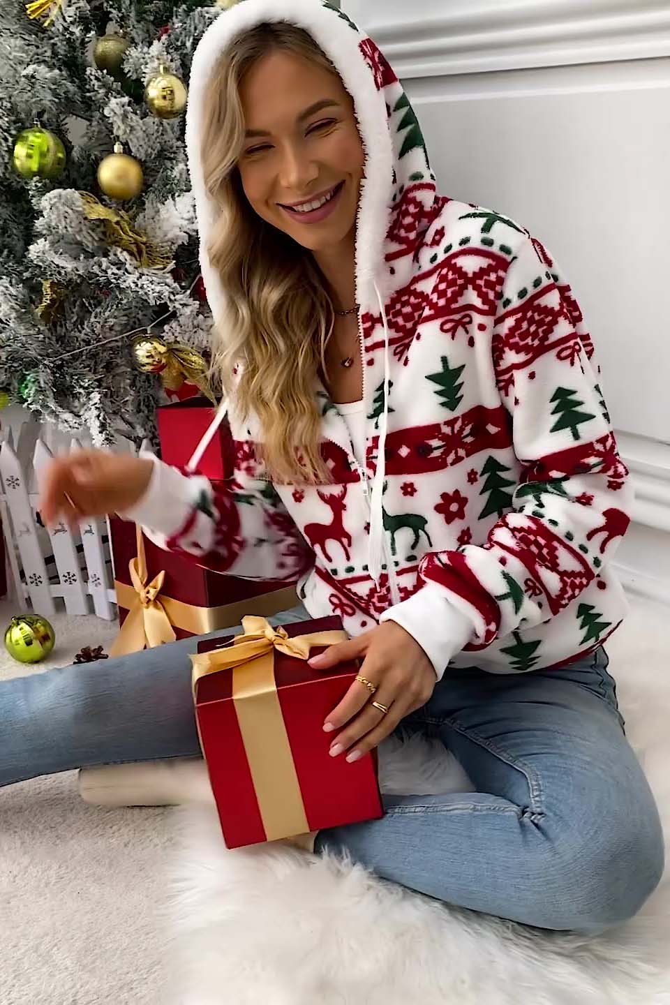 Sweat-shirt à capuche et fermeture éclair pour femme, imprimé de Noël - Nolwenn