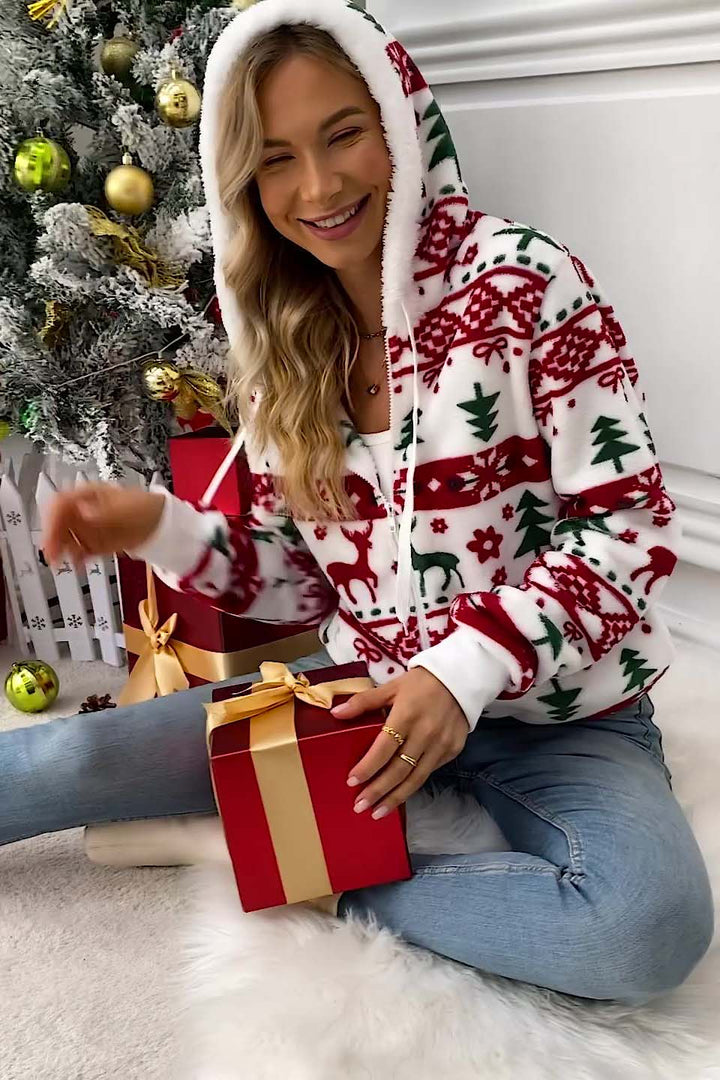 Sweat-shirt à capuche et fermeture éclair pour femme, imprimé de Noël - Nolwenn