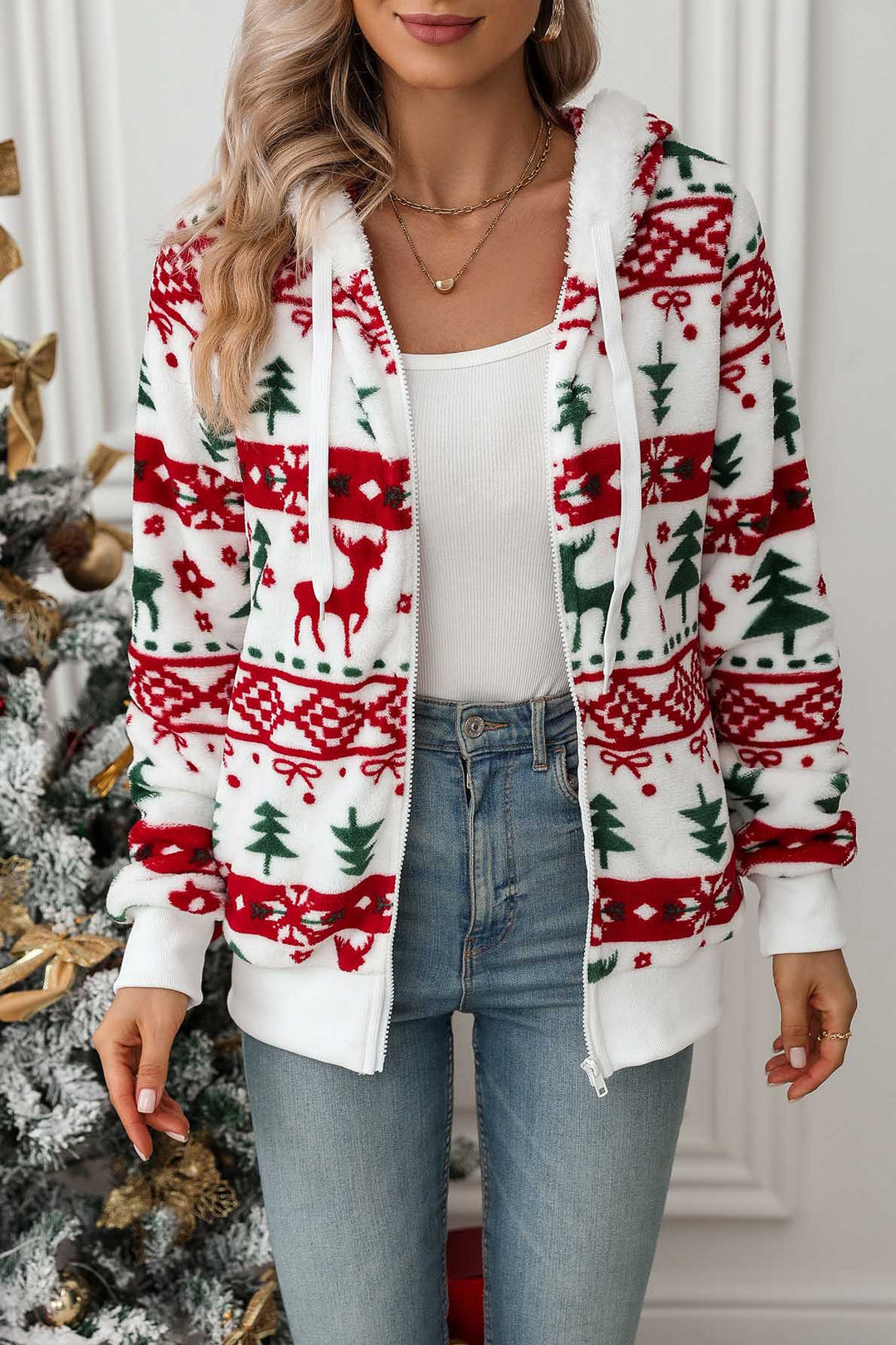 Sweat-shirt à capuche et fermeture éclair pour femme, imprimé de Noël - Nolwenn
