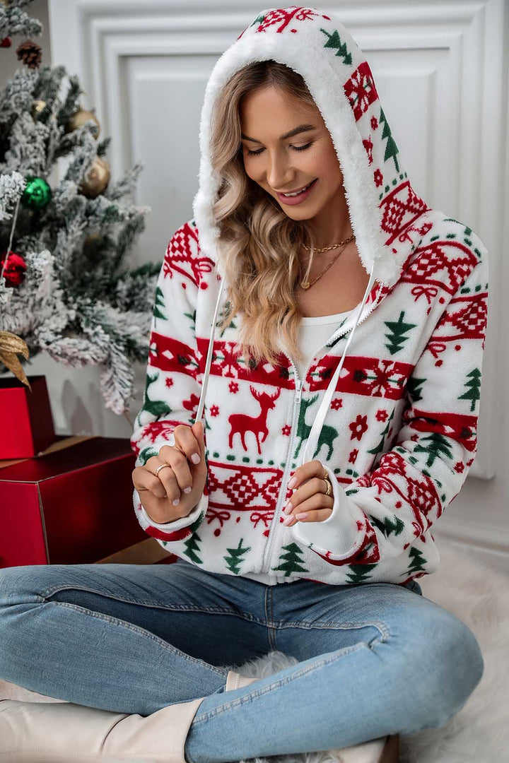 Sweat-shirt à capuche et fermeture éclair pour femme, imprimé de Noël - Nolwenn