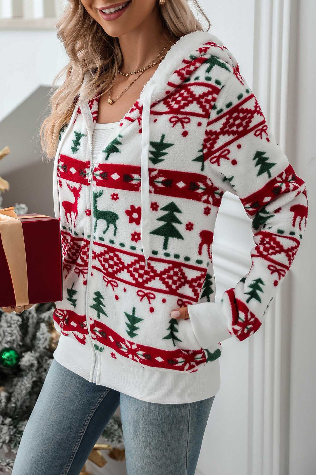 Sweat-shirt à capuche et fermeture éclair pour femme, imprimé de Noël - Nolwenn