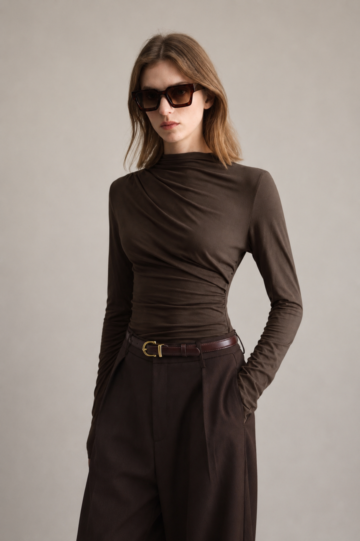 Haut pour femme à col drapé asymétrique et manches longues - Ronja