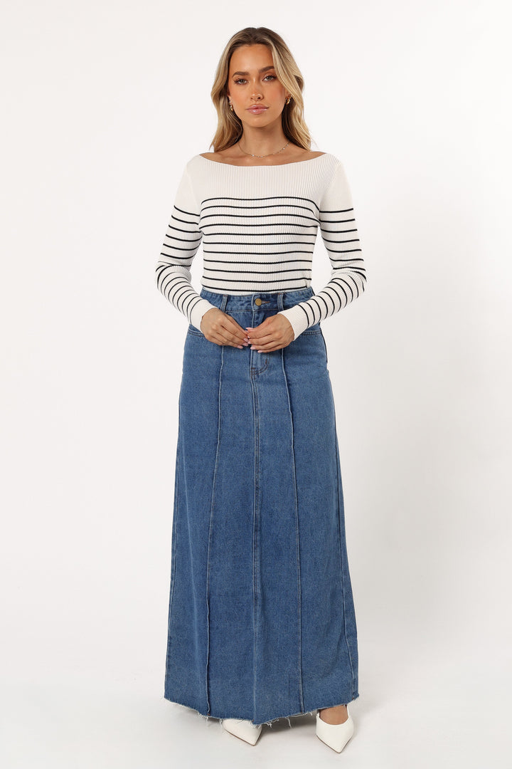 Haut en maille rayé pour femme, col bateau, manches longues - Kiersten