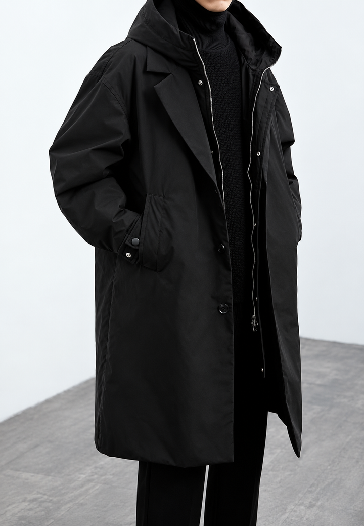 Trench long pour homme, à capuche, fermeture éclair et poignets ajustables - Corvin