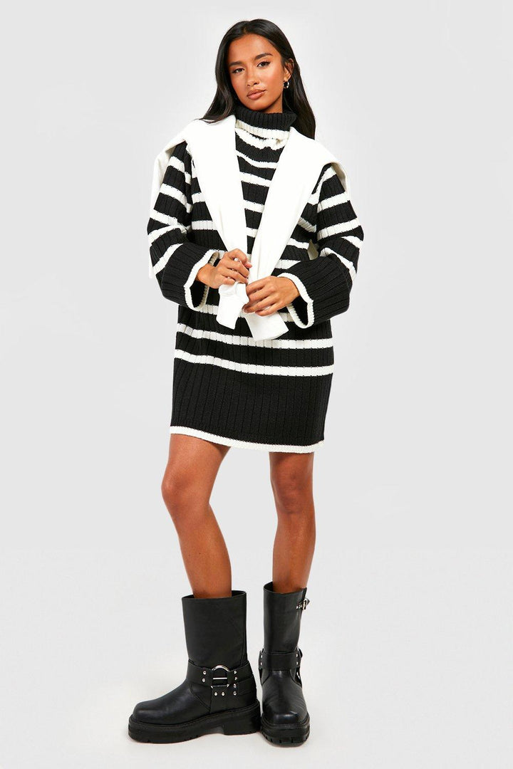 Robe courte en maille rayée, col roulé et manches larges - Raddile
