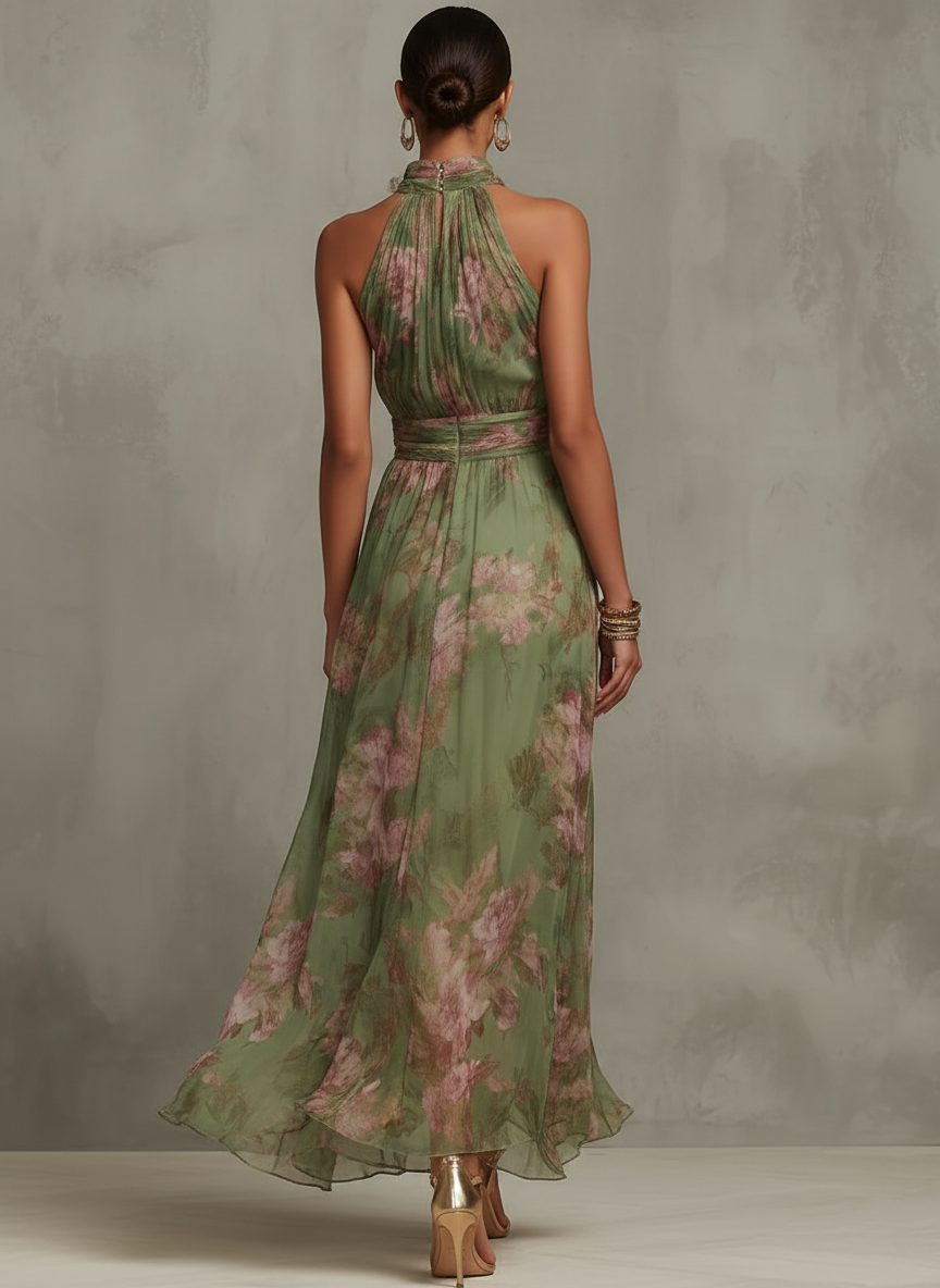 Robe longue à motifs floraux, col licou et taille drapée - Sophie
