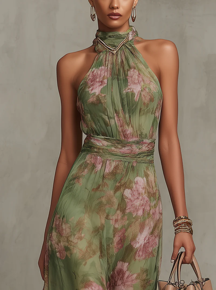Robe longue à motifs floraux, col licou et taille drapée - Sophie