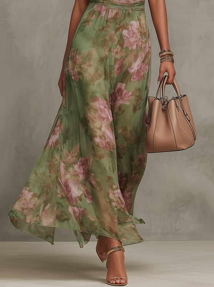 Robe longue à motifs floraux, col licou et taille drapée - Sophie