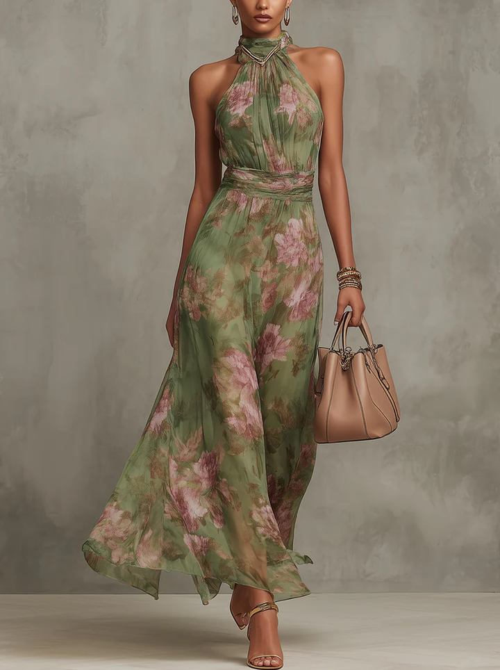 Robe longue à motifs floraux, col licou et taille drapée - Sophie