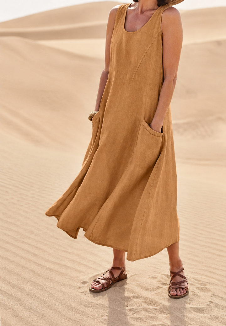 Robe longue pour femme, sans manches, encolure ronde, poches - Tina
