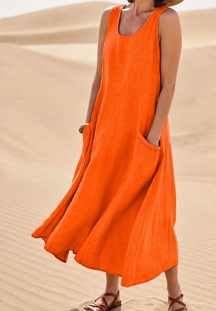 Robe longue pour femme, sans manches, encolure ronde, poches - Tina