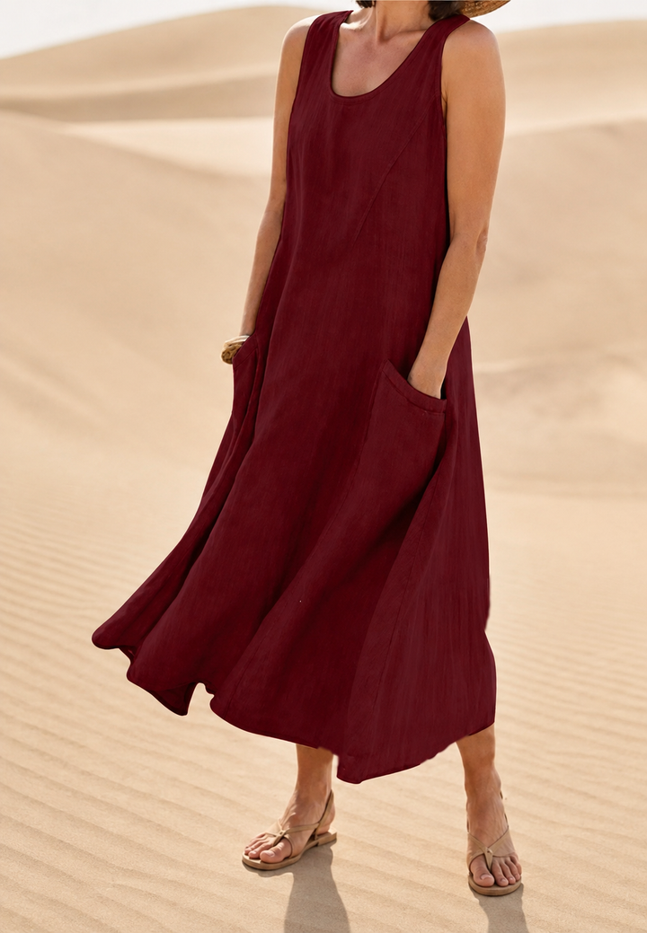 Robe longue pour femme, sans manches, encolure ronde, poches - Tina