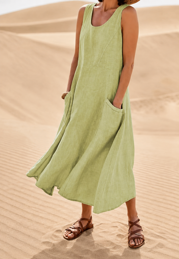 Robe longue pour femme, sans manches, encolure ronde, poches - Tina