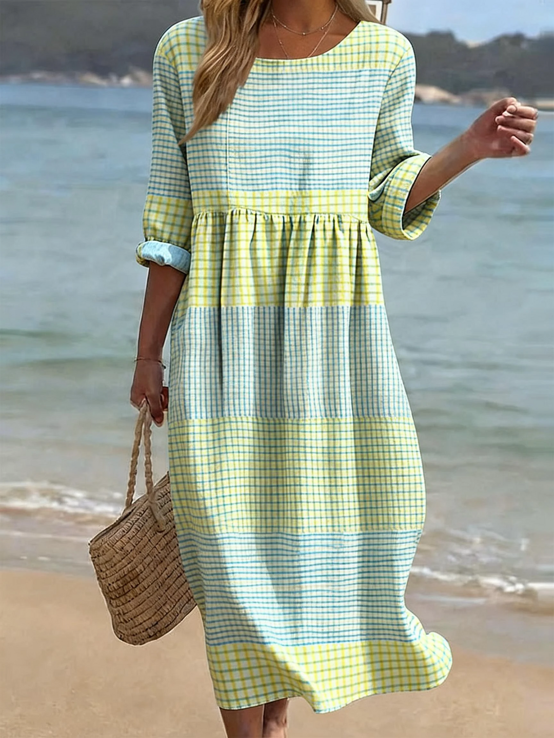 Robe midi décontractée à carreaux pour femme, col rond - Jette