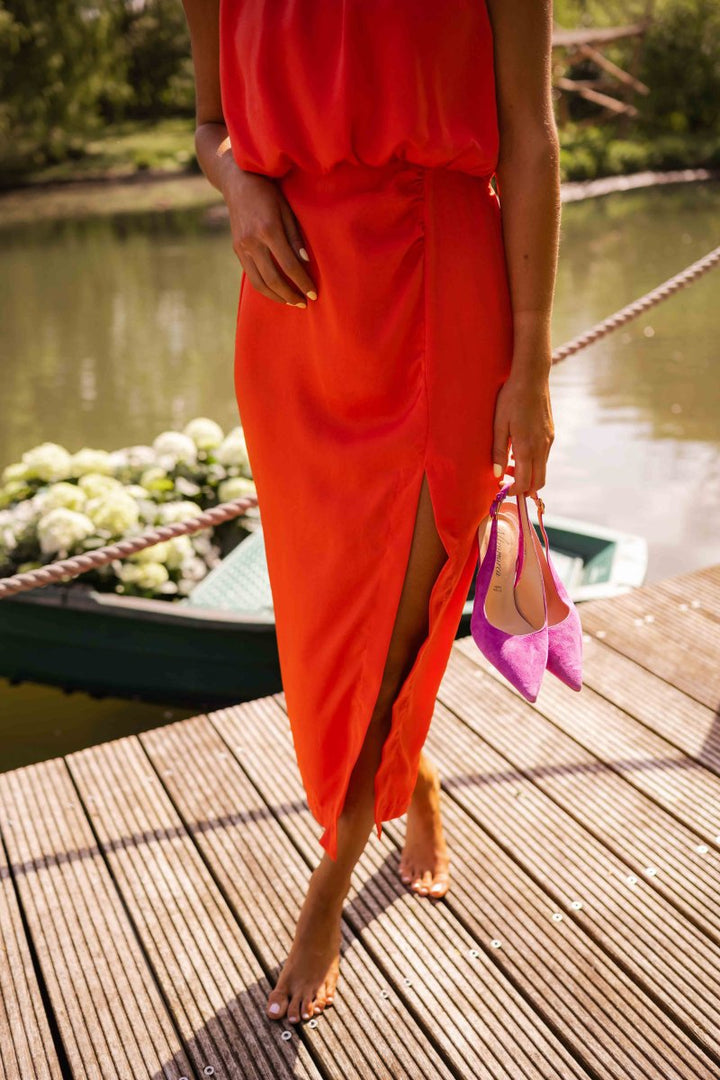 Robe midi élégante à col licou et drapée - Killy