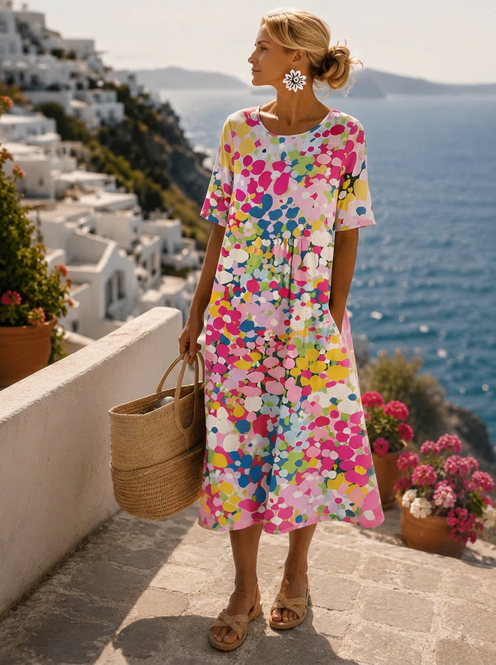 Robe midi légère à motif floral pour femme, à manches courtes - Elena