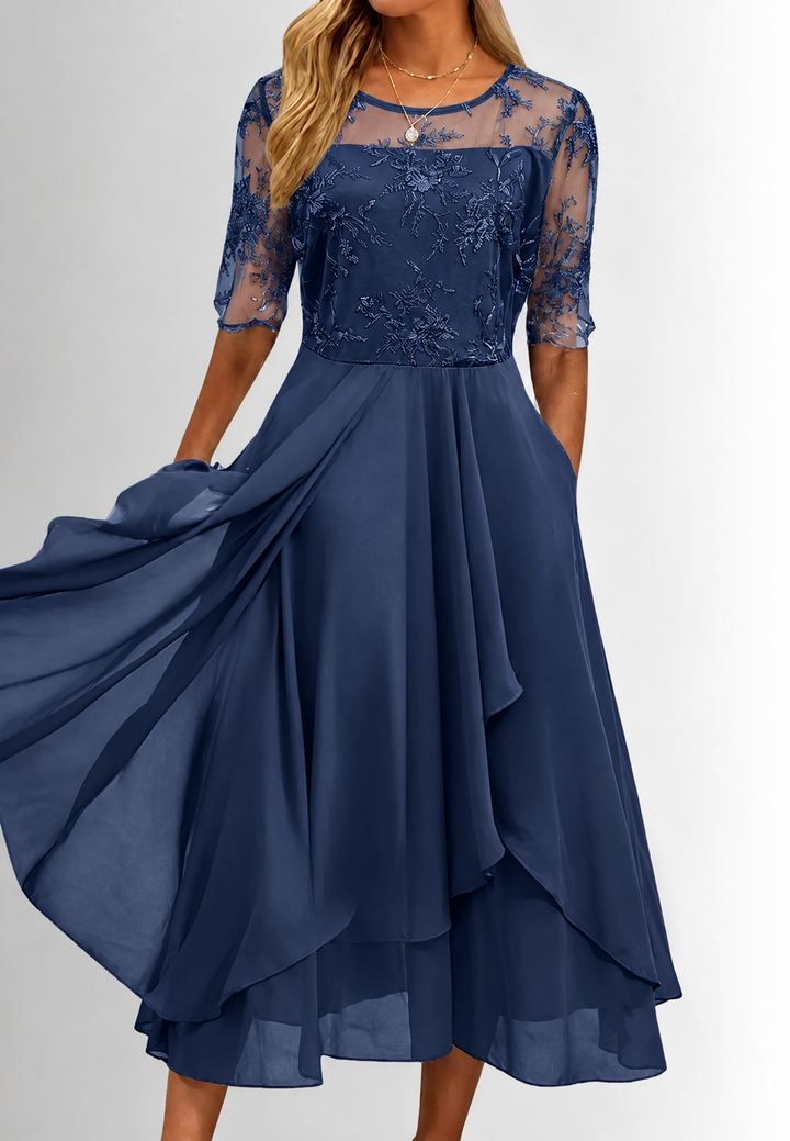 Robe midi pour femme en dentelle florale, manches au coude - Rhonda