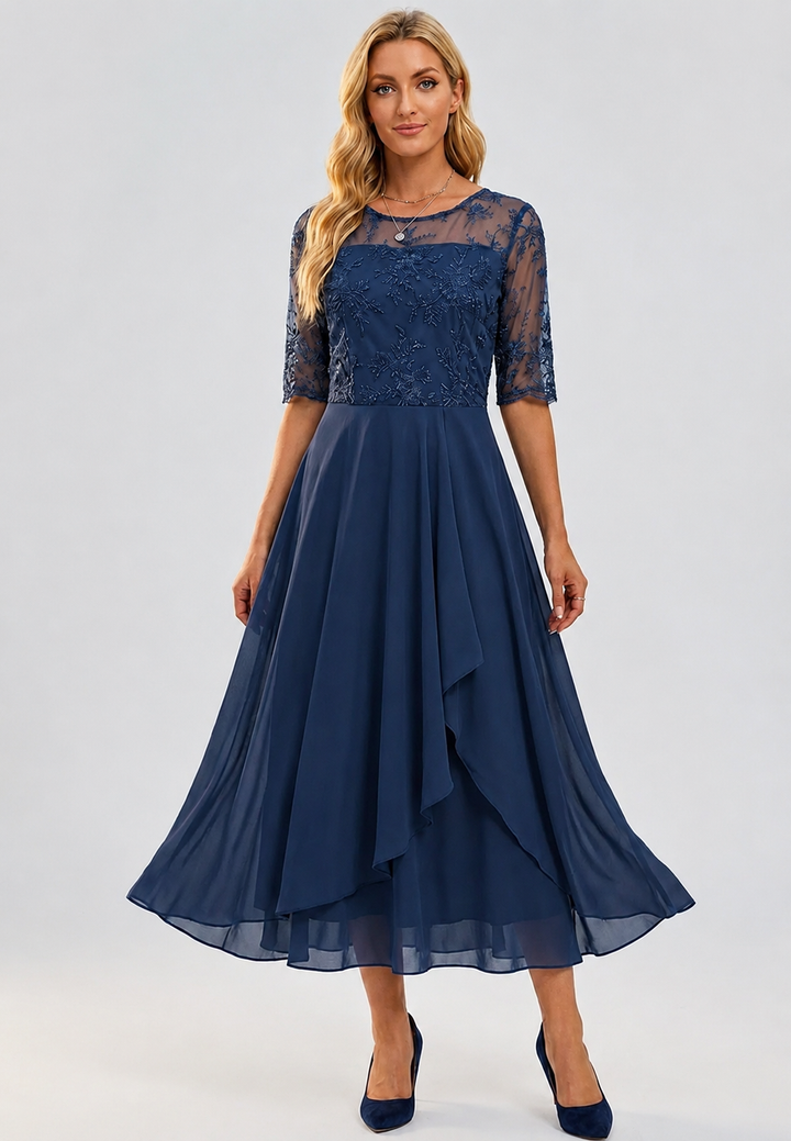 Robe midi pour femme en dentelle florale, manches au coude - Rhonda