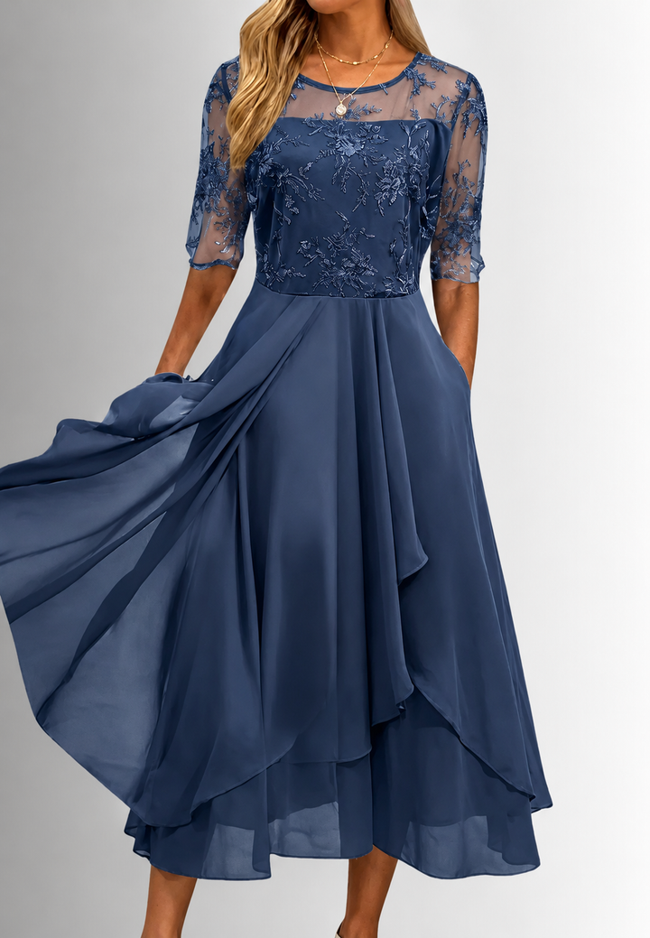 Robe midi pour femme en dentelle florale, manches au coude - Rhonda