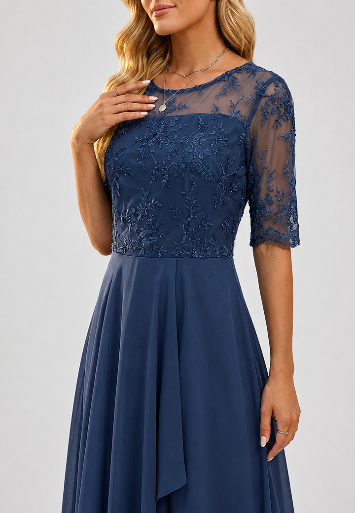 Robe midi pour femme en dentelle florale, manches au coude - Rhonda