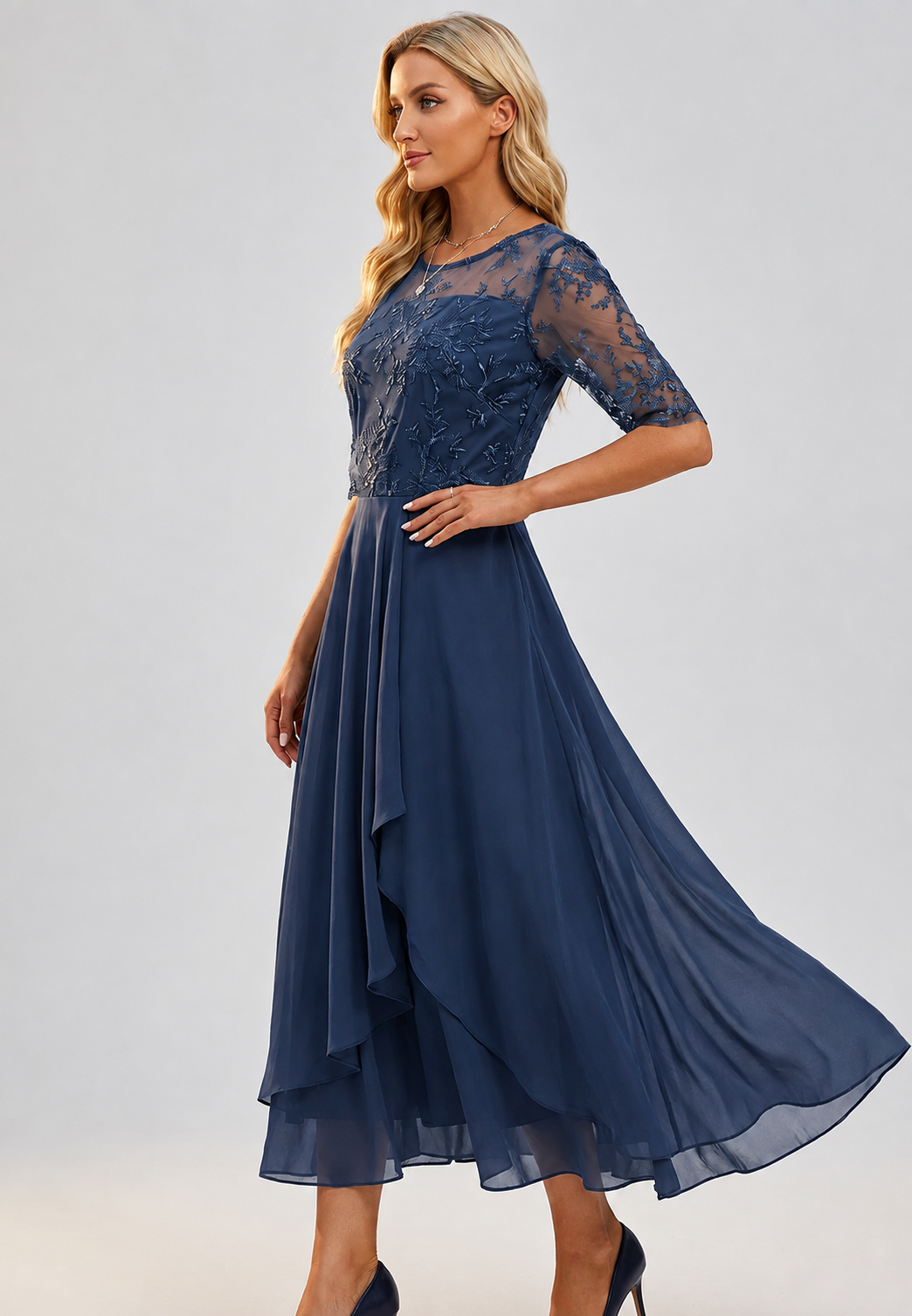Robe midi pour femme en dentelle florale, manches au coude - Rhonda