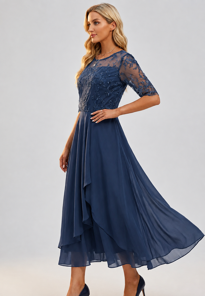 Robe midi pour femme en dentelle florale, manches au coude - Rhonda