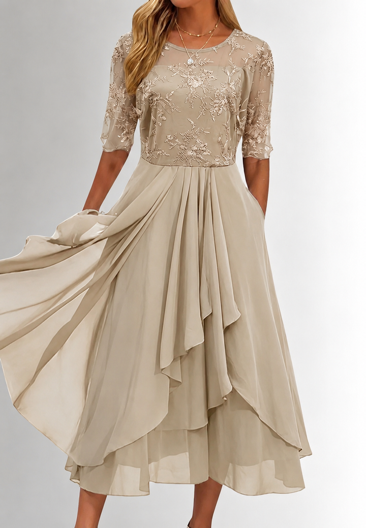 Robe midi pour femme en dentelle florale, manches au coude - Rhonda