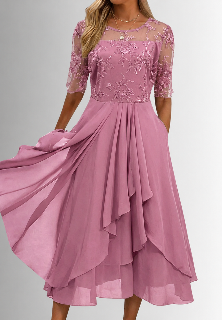 Robe midi pour femme en dentelle florale, manches au coude - Rhonda