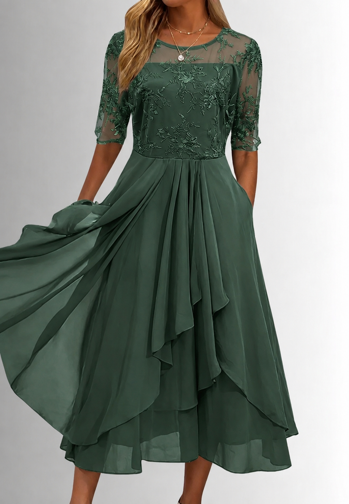 Robe midi pour femme en dentelle florale, manches au coude - Rhonda