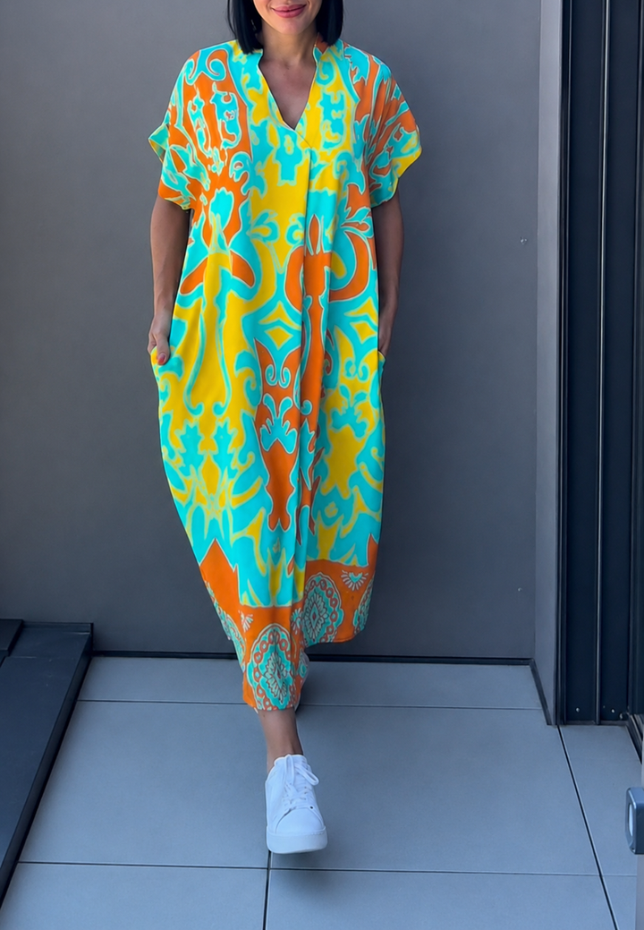 Robe midi pour femme à imprimé et encolure en V - Nia