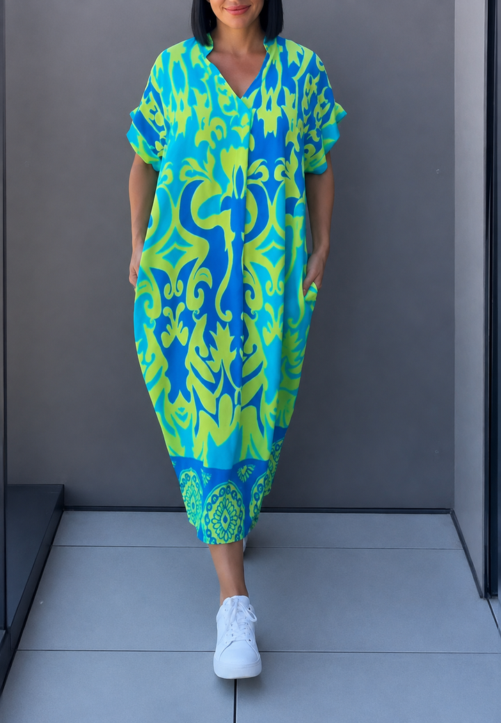 Robe midi pour femme à imprimé et encolure en V - Nia