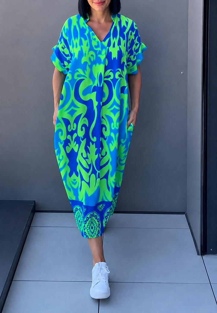 Robe midi pour femme à imprimé et encolure en V - Nia