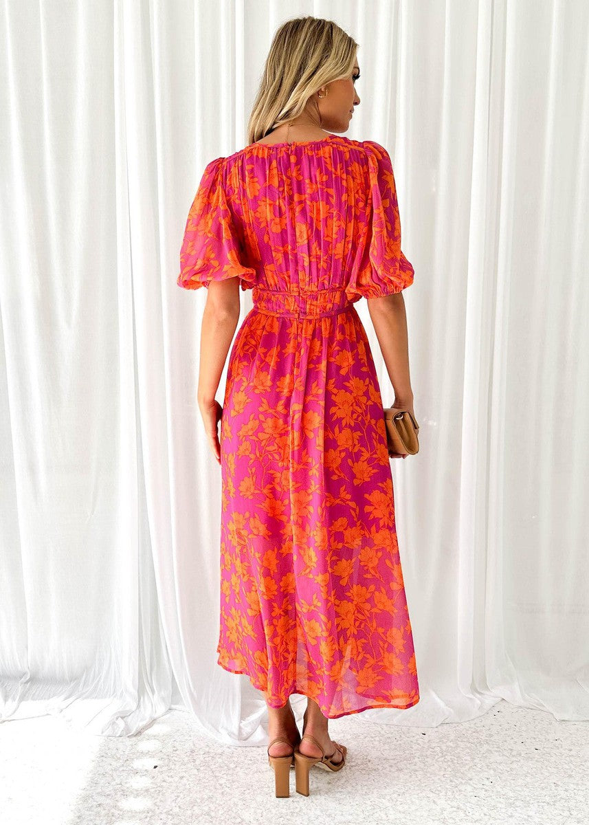 Robe midi pour femme à imprimé floral et manches bouffantes - Katy