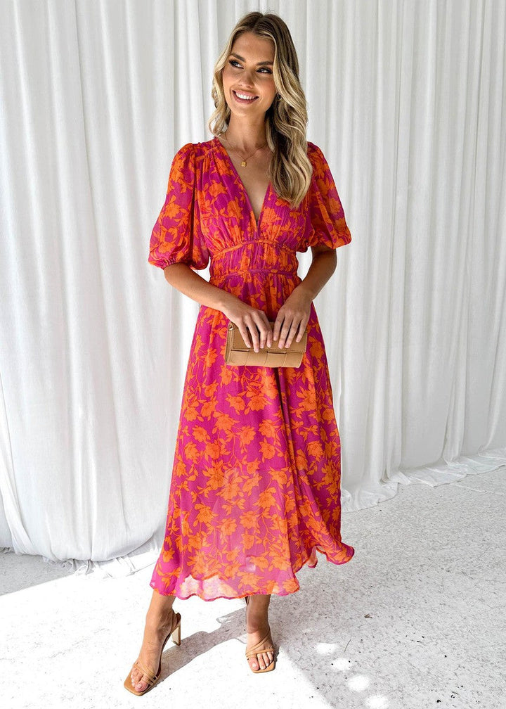 Robe midi pour femme à imprimé floral et manches bouffantes - Katy